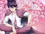  1boy beard black_hair cape collarbone dangan_ronpa dated dress_shirt facial_hair hair_between_eyes hand_on_own_knee happy_birthday indian_style looking_at_viewer male_focus momota_kaito new_dangan_ronpa_v3 nyangorobei open_clothes open_shirt pants print_shirt purple_cape purple_pants shirt sitting solo spiky_hair violet_eyes white_shirt 