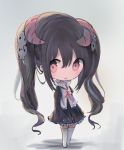  1girl :d bangs black_dress black_hair blush chibi commentary_request cottontailtokki cross-laced_clothes curled_horns demon_horns dress eyebrows_visible_through_hair frilled_dress frills full_body grey_background hair_between_eyes hair_ornament highres horns long_hair long_sleeves looking_at_viewer no_shoes open_mouth original sidelocks skull_hair_ornament sleeves_past_fingers sleeves_past_wrists smile solo standing thigh-highs twintails very_long_hair white_legwear wide_sleeves 