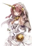  1girl blue_eyes breasts dress elbow_gloves fate/apocrypha fate/grand_order fate_(series) flower frankenstein&#039;s_monster_(fate) gloves hair_over_eyes headgear heterochromia highres holding holding_flower horn kame_(pixiv) looking_at_viewer pink_hair short_hair small_breasts solo veil wedding_dress white_dress white_gloves yellow_eyes 