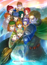  3girls 6+boys armor axe battle_axe blonde_hair blue_eyes blue_hair boyd_(fire_emblem) brown_hair cape closed_eyes english_commentary facial_mark fire_emblem fire_emblem:_path_of_radiance forehead_mark gatrie_(fire_emblem) gloves green_eyes green_hair greil grin hair_tubes headband highres holding holding_axe ike_(fire_emblem) long_hair mature_male mia_(fire_emblem) mist_(fire_emblem) multiple_boys multiple_girls one_eye_closed orange_eyes orange_hair oscar_(fire_emblem) pauldrons ponytail purple_hair red_eyes redhead rhys_(fire_emblem) rolf_(fire_emblem) scar scar_on_face scar_on_forehead shinon_(fire_emblem) shiran_ki short_hair shoulder_armor single_pauldron smile soren_(fire_emblem) titania_(fire_emblem) twitter_username weapon 