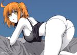  1girl abe_inori all_fours ass breasts fate/grand_order fate_(series) fujimaru_ritsuka_(female) hair_ornament hair_scrunchie looking_at_viewer medium_breasts one_side_up open_mouth orange_eyes orange_hair orange_scrunchie pale_skin panties scrunchie short_hair side_ponytail simple_background solo tank_top underwear underwear_only white_panties 
