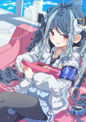  1girl :p absurdres antenna_hair armband black_pantyhose blue_archive blue_armband blue_hair bow couch doughnut food fubuki_(blue_archive) grey_hair hair_bow hair_ornament heart heart_hair_ornament highres holding jacket long_hair long_sleeves looking_at_viewer multicolored_hair necktie pantyhose red_eyes saimu_taju sitting solo tongue tongue_out twintails white_bow white_jacket 