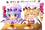  +_+ 2girls arm_above_head arms_up bat_wings blonde_hair blouse blue_hair blush brooch chibi chocolat_(momoiro_piano) closed_eyes commentary_request cravat crystal drooling eyebrows_visible_through_hair fang flandre_scarlet food hair_between_eyes hand_on_own_cheek hat hat_ribbon holding holding_spoon jewelry mob_cap multiple_girls open_mouth pink_blouse plate pudding puffy_short_sleeves puffy_sleeves red_neckwear remilia_scarlet ribbon short_hair short_sleeves siblings side_ponytail simple_background sisters smile spoon table touhou translated upper_body white_background wings yellow_neckwear 