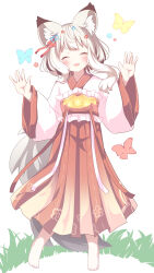  1girl :d ^_^ animal animal_ear_fluff animal_ears barefoot blue_flower blush bug butterfly closed_eyes commission daidai_ookami facing_viewer fang flower full_body grass grey_hair hair_flower hair_ornament hakama hakama_skirt hands_up highres japanese_clothes kimono long_hair long_sleeves original red_flower red_hakama simple_background skeb_commission skirt smile solo standing standing_on_one_leg tail white_background white_kimono wide_sleeves 