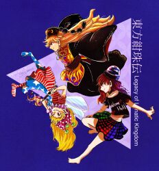  3girls american_flag american_flag_dress american_flag_print bare_legs barefoot black_choker black_dress blonde_hair choker clownpiece copyright_name dated dress fairy_wings flag_print hat hecatia_lapislazuli highres jester_cap junko_(touhou) legacy_of_lunatic_kingdom long_hair midriff multicolored_clothes multicolored_skirt multiple_girls neck_ruff off-shoulder_shirt off_shoulder one_eye_closed pantyhose parted_lips polka_dot_headwear print_pantyhose print_shirt print_skirt print_tabard profile red_tabard redhead shirt short_sleeves signature skirt smile tabard touhou triangle twitter_username very_long_hair wildcard1_4 wings 