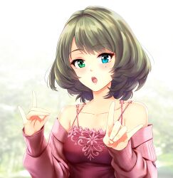  1girl bare_shoulders blue_eyes blurry blurry_background blush breasts collarbone fox_shadow_puppet green_eyes hands_up heterochromia idolmaster idolmaster_cinderella_girls idolmaster_cinderella_girls_starlight_stage infinote jacket long_sleeves looking_at_viewer medium_breasts mole mole_under_eye off_shoulder open_clothes open_jacket open_mouth outdoors photo_background pink_jacket red_shirt shirt short_hair sleeveless sleeveless_shirt solo takagaki_kaede tree upper_body 