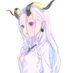  1girl absurdres breasts collared_shirt earrings forehead highres horns jewelry long_hair looking_at_viewer nagisa_kurousagi original parted_lips pointy_ears shirt simple_background solo violet_eyes white_background white_hair 