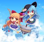  2girls :d :o album_cover bangs barefoot black_hat blue_hair blue_skirt blue_sky blunt_bangs boots bow chains chibi clenched_hands clouds cover cube day fang food fruit gourd hair_bow hat hinanawi_tenshi holding holding_sword holding_weapon horn_ribbon horns ibuki_suika keystone long_hair low-tied_long_hair miruki multiple_girls oni open_mouth orange_hair peach puffy_short_sleeves puffy_sleeves purple_skirt pyramid_(geometry) red_bow red_eyes ribbon rope shide shimenawa shirt short_sleeves sidelocks skirt sky sleeveless sleeveless_shirt smile sphere sword sword_of_hisou touhou very_long_hair weapon white_shirt wrist_cuffs 