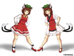  2girls :3 :d ajamnova animal_ear_fluff animal_ear_piercing animal_ears bare_legs blush bow bow_legwear bowtie breasts brown_eyes brown_hair cat_ears cat_tail chen contrapposto dress earrings english_commentary foul_detective_satori frills full_body gold_trim green_hat hands_on_own_hips hat high_heels highres jewelry legs_apart long_sleeves looking_at_viewer medium_hair mob_cap multiple_girls multiple_tails nail_polish nekomata no_socks open_mouth petticoat puffy_long_sleeves puffy_sleeves red_footwear red_nails red_skirt red_tabard red_vest shadow short_hair short_sleeves signature simple_background single_earring skirt skirt_set small_breasts smile tabard tail touhou two_tails vest white_background white_dress yellow_bow yellow_bowtie 