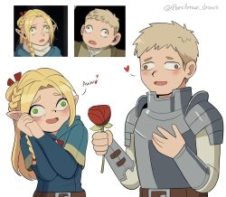  1boy 1girl armor belt blonde_hair blue_capelet braid brown_belt brown_eyes capelet commentary dungeon_meshi english_commentary flower green_eyes hand_on_own_chest heart highres holding holding_flower laios_touden light_brown_hair marcille_donato open_mouth own_hands_together pencilman_draws pointy_ears red_flower red_rose reference_inset rose side_braid smile twitter_username wall-eyed 