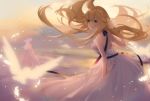  2girls :d aurora_(f10)_(azur_lane) azur_lane bangs bare_shoulders bird blonde_hair blurry blurry_background blush breasts clouds cloudy_sky commentary_request depth_of_field dress eyebrows_visible_through_hair feathers floating_hair green_eyes hair_between_eyes hair_flaps hair_ornament hat highres illustrious_(azur_lane) large_breasts light_particles long_hair looking_at_viewer medium_breasts miyuki_(miyuki0529) multiple_girls open_mouth outdoors sky sleeveless sleeveless_dress smile sun_hat very_long_hair white_dress white_hair white_hat wind wind_lift 