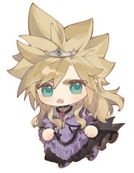  1boy back_bow black_trim blonde_hair blue_eyes blush bow chibi chibi_only choker cloud_strife cloud_strife_(ball_gown) collar crossdressing dress final_fantasy final_fantasy_vii final_fantasy_vii_remake frilled_collar frilled_dress frills highres long_dress long_hair male_focus maomaoyu official_alternate_costume open_mouth pendant_choker purple_dress ribbon_choker spiky_hair tiara 