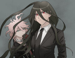  2boys black_jacket black_necktie brown_hair chain chain_leash collar collared_shirt danganronpa_(series) danganronpa_another_episode:_ultra_despair_girls formal frown grey_background grey_hair hair_between_eyes jacket kamukura_izuru komaeda_nagito leash long_hair male_focus messy_hair metal_collar multiple_boys necktie open_clothes open_jacket red_eyes servant_(danganronpa) shirt smile upper_body uzu_(uzusio55) white_shirt 