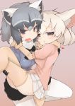  2girls animal_ears black_gloves black_hair black_neckwear black_skirt blonde_hair bow bowtie carrying common_raccoon_(kemono_friends) extra_ears fang fennec_(kemono_friends) fox_ears fur_collar gloves grey_hair heart highres kemono_friends legs_crossed looking_at_viewer multicolored_hair multiple_girls open_mouth pantyhose pink_background pleated_skirt princess_carry raccoon_ears short_hair simple_background skirt teranekosu thigh-highs white_legwear white_skirt yellow_legwear 