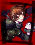  1girl black_clothes brown_hair cropped_torso floating_hair grey_scarf holding holding_weapon kuga_hotaru looking_at_viewer niijima_makoto open_mouth persona persona_5 red_background red_eyes scarf short_hair solo upper_body weapon 