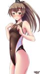  1girl artist_name blue_eyes brown_hair brown_swimsuit collarbone competition_swimsuit cowboy_shot dated eyebrows_visible_through_hair flat_chest hair_between_eyes hair_ornament hairclip high_ponytail highres kantai_collection kumano_(kantai_collection) long_hair looking_at_viewer one-piece_swimsuit ponytail simple_background solo standing swimsuit tsuchimiya white_background 