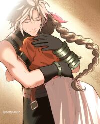  1boy 1girl aerith_gainsborough bandaged_arm bandages belt black_gloves black_pants black_shirt blonde_hair braid braided_ponytail brown_background brown_belt brown_hair closed_eyes closed_mouth cloud_strife couple cropped_jacket dress final_fantasy final_fantasy_vii final_fantasy_vii_rebirth final_fantasy_vii_remake gloves hair_between_eyes hair_ribbon hetero highres hug jacket long_dress long_hair pants pink_dress pink_ribbon red_jacket ribbon shirt short_hair short_sleeves single_braid sleeveless sleeveless_turtleneck softp3ach spiky_hair sunlight turtleneck twitter_username upper_body 