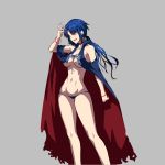  breasts cape cleavage contrapposto elesia extra_eyebrows grey_background groin highres licking_lips long_hair long_nails low_ponytail lowleg lowleg_panties medium_breasts naked_cape navel no_bra oceanbellereine panties tongue tongue_out torn_cape tsukihime underwear 