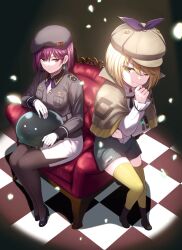  2girls ;) armchair black_footwear black_jacket black_pantyhose black_skirt blonde_hair blunt_ends bob_cut boots brown_capelet brown_hat capelet chair checkered_floor clenched_hand collared_shirt commentary_request detective earrings eyelashes falling_petals foreshortening from_above glint grey_shorts hair_behind_ear hand_up hat hat_ribbon heaven_burns_red high_heels highres hip_vent jacket jewelry long_sleeves looking_at_viewer military_hat military_uniform multiple_girls nakamura_hinato narvy_(heaven_burns_red) neck_ribbon on_chair one_eye_closed pantyhose peaked_cap pencil_skirt petals purple_hair purple_ribbon red_eyes ribbon shirt short_hair shorts sitting skirt smile spotlight standing stud_earrings swept_bangs tezuka_saki thigh-highs tsurime uniform vignetting white_shirt yellow_eyes yellow_thighhighs zettai_ryouiki 