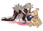  2girls absurdres armor black_armor black_gloves blonde_hair blush braid breasts cleavage closed_mouth commission crown_braid ebinku fire_emblem fire_emblem_heroes from_side gloves green_eyes grey_hair hand_on_another&#039;s_face heart high_heels highres long_hair long_sleeves medium_breasts multiple_girls nintendo parted_lips red_eyes sharena shirt shorts simple_background sleeveless sleeveless_shirt smile veronica_(fire_emblem) white_background white_legwear white_shorts yuri 