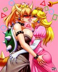  2girls ass_grab asymmetrical_docking black_dress black_nails blonde_hair bowsette breast_press breasts brooch commission crown dress elbow_gloves eye_contact french_kiss gloves horns jadenkaiba jewelry kiss large_breasts long_hair looking_at_another super_mario_bros. mini_crown multiple_girls nail_polish new_super_mario_bros._u_deluxe nintendo pink_background pink_dress pointy_ears princess_peach puffy_short_sleeves puffy_sleeves saliva short_sleeves spiked_shell spiked_tail strapless strapless_dress studded_armlet studded_bracelet studded_choker super_crown super_mario_bros. tail tongue tongue_out turtle_shell wand white_gloves yuri 
