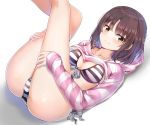  1girl bikini blush breasts brown_eyes brown_hair closed_mouth collarbone eyebrows_visible_through_hair highres hood hoodie hoodie_lift katou_megumi legs_up looking_at_viewer lying medium_breasts on_back saenai_heroine_no_sodatekata sleeves_past_wrists smile solo striped striped_bikini sunhyun swimsuit white_background 