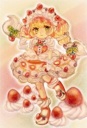  1girl blonde_hair cake dessert food food-themed_clothes food-themed_hair_ornament fruit green_eyes hair_ornament highres humanization icing original strawberry strawberry_cake strawberry_shortcake suruga_kanade whipped_cream 