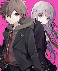  1boy 1girl black_jacket braid brown_hair brown_jacket danganronpa:_trigger_happy_havoc danganronpa_(series) grey_hair hair_between_eyes jacket kirigiri_kyoko long_hair long_sleeves menbou_1tt naegi_makoto open_clothes open_jacket pink_background pink_eyes ribbon short_hair single_braid translation_request 