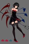  1girl absurdres arms_behind_back asymmetrical_wings bangs black_dress black_hair black_legwear bow bowtie dress full_body grey_background high_heels highres holding holding_weapon houjuu_nue inoshin_(inixia1748) looking_at_viewer polearm pumps red_bow red_eyes red_footwear short_dress short_hair simple_background sleeveless sleeveless_dress solo standing standing_on_one_leg strapless strapless_dress swept_bangs thigh-highs touhou trident weapon wings zettai_ryouiki 