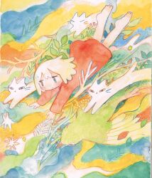  1girl animal barefoot bird cat colored_pencil_(medium) colorful dress flying highres long_sleeves mamei_mema medium_hair original painting_(medium) plant red_dress short_dress solo surreal traditional_media watercolor_(medium) white_cat white_hair 