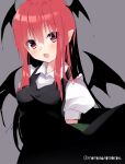  1girl :o arms_behind_back bangs bat_wings black_dress blush demon_wings dress dress_shirt eyebrows_visible_through_hair fang grey_background hair_between_eyes head_tilt head_wings koakuma long_hair looking_at_viewer momomaron open_mouth pointy_ears puffy_short_sleeves puffy_sleeves red_eyes redhead shirt short_sleeves simple_background sketch solo touhou twitter_username upper_body white_shirt wings 