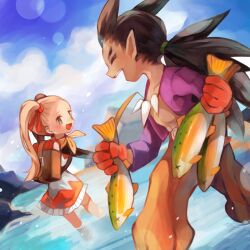  1boy 1girl animal antenna_hair backpack bag blonde_hair blue_sky blurry blurry_background bone_necklace brown_hair closed_eyes commentary_request dark-skinned_male dark_skin dragon_quest dragon_quest_builders_2 dress female_builder_(dqb2) fish fishing fishing_rod fringe_trim gloves green_eyes hair_pulled_back hair_ribbon holding holding_animal holding_fish holding_fishing_rod hotaro_(bread_fusa) jewelry lens_flare looking_at_another looking_back low_ponytail neckerchief necklace open_clothes open_mouth open_shirt orange_pants pants pointy_ears purple_shirt rainbow_trout red_gloves red_ribbon ribbon shirt sidoh_(dqb2) sky smile spiky_hair tooth_necklace twintails water yellow_neckerchief 