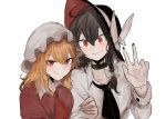  2girls bangs bow braid eyebrows_visible_through_hair hand_on_another&#039;s_arm hat looking_at_viewer maribel_hearn mob_cap multiple_girls ne_kuro red_eyes simple_background smile touhou usami_renko w white_background 