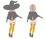  1girl ass back black brown_hair character_sheet gluteal_fold hat high_heels highres looking_at_viewer medium_hair nagisa_kurousagi original outstretched_arm sleeves_past_wrists smile solo thigh-highs white_hair witch_hat yellow_legwear 