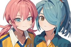  2boys blue_eyes blue_hair brown_eyes closed_mouth collared_shirt commentary ebi_(shrimp_eleven) hair_between_eyes hair_over_one_eye hair_tie inazuma_eleven_(series) inazuma_eleven_go kazemaru_ichirouta kirino_ranmaru long_hair looking_to_the_side male_focus multicolored_clothes multicolored_shirt multiple_boys one_eye_covered otoko_no_ko parted_lips pink_hair ponytail shirt side-by-side sideways_glance simple_background smile soccer_uniform sportswear twintails upper_body white_background wing_collar 