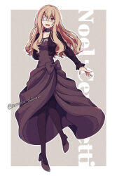  1girl :d black_dress black_footwear black_jacket black_pantyhose border character_name dress eyepatch floating_hair full_body high_heels highres higyaku_no_noel jacket light_brown_hair long_hair long_sleeves looking_at_viewer nanoko noel_cerquetti open_clothes open_jacket outline outside_border pantyhose pumps red_eyes smile solo twitter_username very_long_hair white_border white_outline 