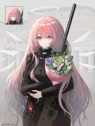  1girl absurdres arknights black_dress bouquet breasts building character_doll closed_eyes closed_mouth cranes_(hiroro1) dress exusiai_(arknights) fog gun halo highres holding holding_bouquet holding_weapon lemuen_(arknights) long_hair medium_breasts outdoors pink_eyes pink_hair rifle smile solo twitter_username weapon 