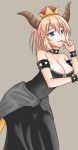  aqua_eyes bare_shoulders black_dress blonde_hair bowsette bracelet breasts brooch collar copyright_request crown dress edo-sensei fangs fingernails highres horns jewelry large_breasts super_mario_bros. nintendo super_crown tail 