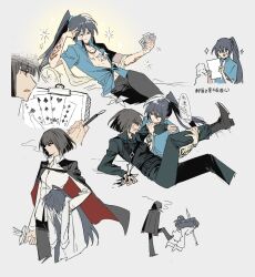  3boys 3girls aged_down black_pants black_shirt blue_shirt carrying collared_shirt draw_me_like_one_of_your_french_girls_(meme) e.g.o_(project_moon) flower g7cdpdto2i6hot6 highres hong_lu_(project_moon) jewelry lccb_(identity)_(project_moon) leg_up limbus_company long_sleeves looking_at_viewer meme multiple_boys multiple_girls multiple_persona necklace one_eye_closed pants project_moon ryoshu_(project_moon) shirt short_sleeves simple_background sparkle tingtang_gang_(identity)_(project_moon) white_background white_flower white_shirt 