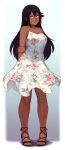  1girl arms_behind_back black_hair blush breasts commission dark_skin dress floral_dress floral_print full_body hair_between_eyes highres holding_arm long_hair medium_breasts orange_eyes original pigeon-toed razalor sandals solo spaghetti_strap standing toes very_dark_skin white_background white_dress 