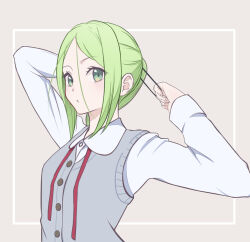  1girl 22/7 collared_shirt green_eyes green_hair grey_background grey_vest hair_ornament hairclip hairdressing highres holding_hair_tie kiryu_touko long_sleeves looking_at_viewer looking_to_the_side neck_ribbon parted_bangs ponytail red_ribbon ribbon ryokucha_(cha_22_7) shirt solo three_quarter_view upper_body vest white_shirt 