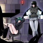  2girls absurdres artist_name black_dress black_eyes black_hair breasts chair collared_dress commentary_request curly_hair desk dress fubuki_(one-punch_man) fur_coat green_eyes green_hair highres large_breasts long_sleeves looking_at_viewer multiple_girls one-punch_man one_eye_closed pants sgb short_hair siblings sisters small_breasts smile sweater tatsumaki 