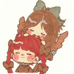  2girls :3 ahoge animal_ears biting biting_ear blunt_bangs blush_stickers bow braid brown_hair brown_wings cat_ears cat_tail chibi closed_eyes commentary_request cropped_shoulders dot_nose extra_ears feathered_wings green_bow hair_bow half_updo kaenbyou_rin long_hair multiple_girls redhead reiuji_utsuho sasa6666s simple_background tail touhou twin_braids white_background wings 