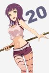  1girl :d breasts collarbone groin holding holding_weapon itsuwa jack-barro long_hair looking_at_viewer medium_breasts midriff navel open_mouth pink_tank_top polearm purple_hair purple_shorts shiny shiny_skin short_shorts shorts simple_background smile solo standing stomach to_aru_majutsu_no_index weapon white_background yellow_eyes 