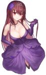  1girl absurdres breasts choker cleavage collarbone dress elbow_gloves eyebrows_visible_through_hair fate/grand_order fate_(series) flower from_above gloves hair_flower hair_intakes hair_ornament hand_in_hair highres hoshibudou large_breasts long_hair looking_at_viewer parted_lips purple_dress purple_flower purple_hair purple_rose red_eyes rose scathach_(fate)_(all) scathach_(fate/grand_order) simple_background tiara 