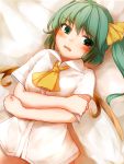  1girl ascot bed_sheet blush commentary daiyousei eyebrows_visible_through_hair eyes_visible_through_hair fairy_wings green_eyes green_hair hair_ribbon highres long_hair looking_at_viewer lying on_back open_mouth pokio ribbon shirt short_sleeves side_ponytail solo touhou upper_body white_shirt wings yellow_neckwear yellow_ribbon 