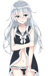  1girl absurdres blue_eyes blush collar collarbone cowboy_shot evening_rabbit frilled_collar frills hibiki_(kantai_collection) highres kantai_collection long_hair looking_at_viewer navel open_mouth shy silver_hair simple_background solo standing underwear white_background 
