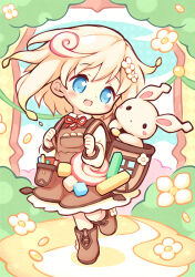  1girl :d aikei_ake animal apron backpack bag blonde_hair blue_eyes blue_sky blush boots brown_apron brown_footwear commentary_request commission day dress flower full_body long_sleeves original outdoors puffy_long_sleeves puffy_sleeves rabbit skeb_commission sky smile solo standing standing_on_one_leg white_dress white_flower 