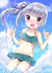  1girl bangs bare_arms bare_shoulders bikini black_ribbon blue_sky blunt_bangs blush brown_eyes clouds collarbone commentary_request day eyebrows_visible_through_hair fingernails green_bikini groin hair_ribbon hands_up k_hiro kantai_collection kasumi_(kantai_collection) navel nose_blush open_mouth outdoors ribbon side_ponytail sidelocks silver_hair sky solo sun sunlight swimsuit water 