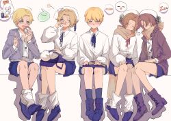  5boys absurdres aged_down america_(hetalia) axis_powers_hetalia bag beret blonde_hair blue_eyes blue_shorts blush boots brothers brown_hair canada_(hetalia) closed_eyes collared_shirt doughnut eating food full_body germany_(hetalia) glasses hat highres holding holding_doughnut holding_food jacket long_sleeves loose_socks male_focus multiple_boys northern_italy_(hetalia) ribbon shirt shorts siblings simple_background sitting smile socks southern_italy_(hetalia) speech_bubble stuffed_animal stuffed_toy teddy_bear violet_eyes white_hat white_shirt yellow_background youlizuihua919 